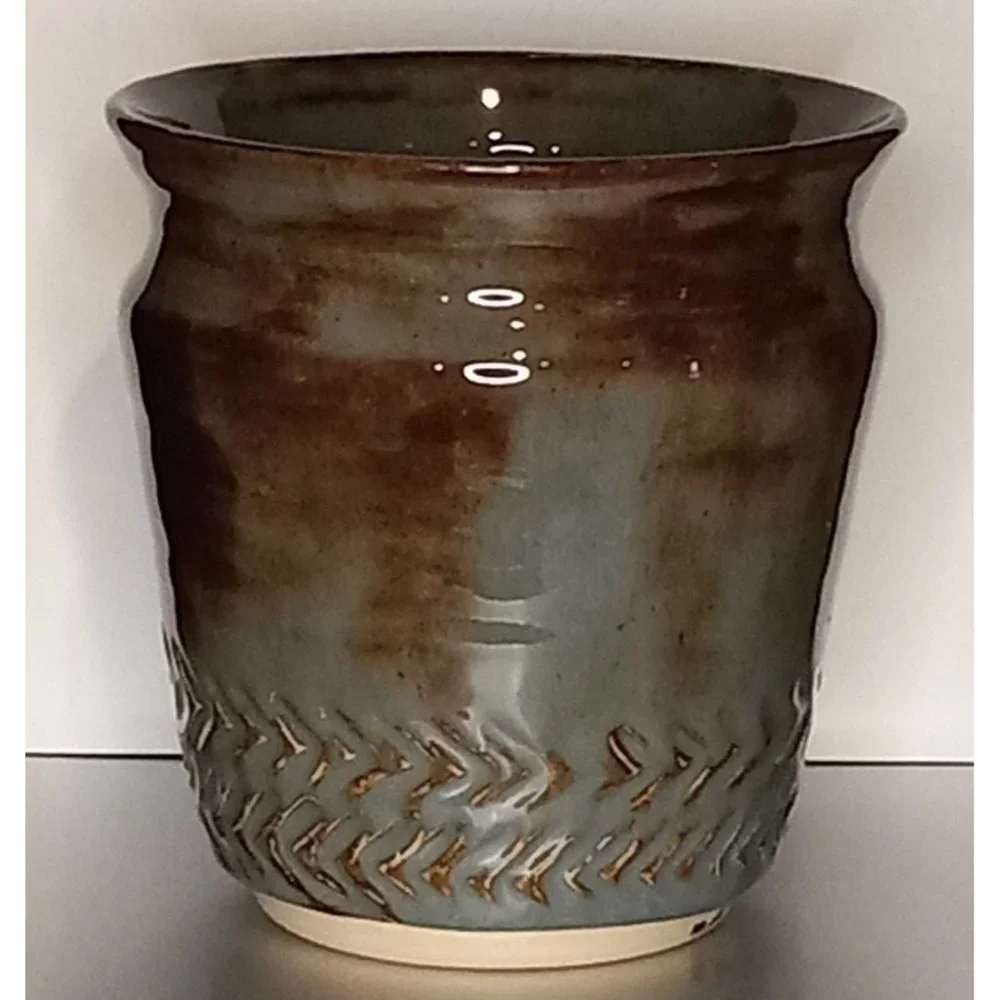 Artist Signed Studio Pottery Arrow Design Vase‎ Pot Planter Vessel Glazed Boho